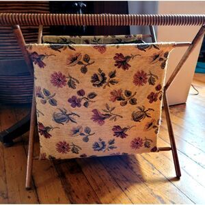 Vintage MCM Wood Frame Floral Tapestry Yarn Sewing Caddy Folding